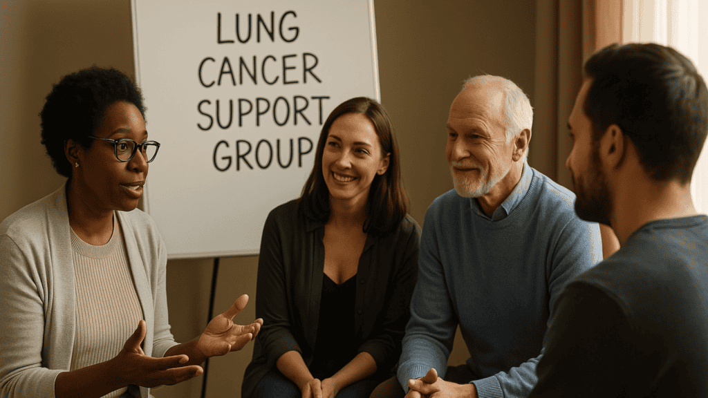 Diverse adults in a lung cancer support group sharing emotional support