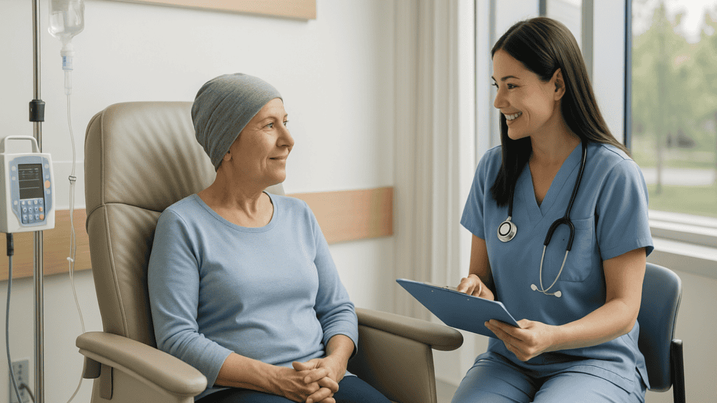 Cancer patient receiving infusion therapy with nurse support in a hospital setting